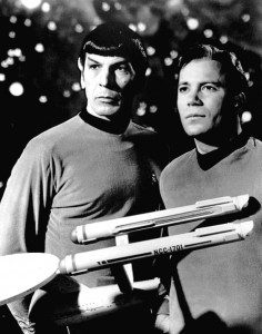 Publicity photo of Leonard Nimoy and William Shatner as Mr. Spock and Captain Kirk from the television program Star Trek