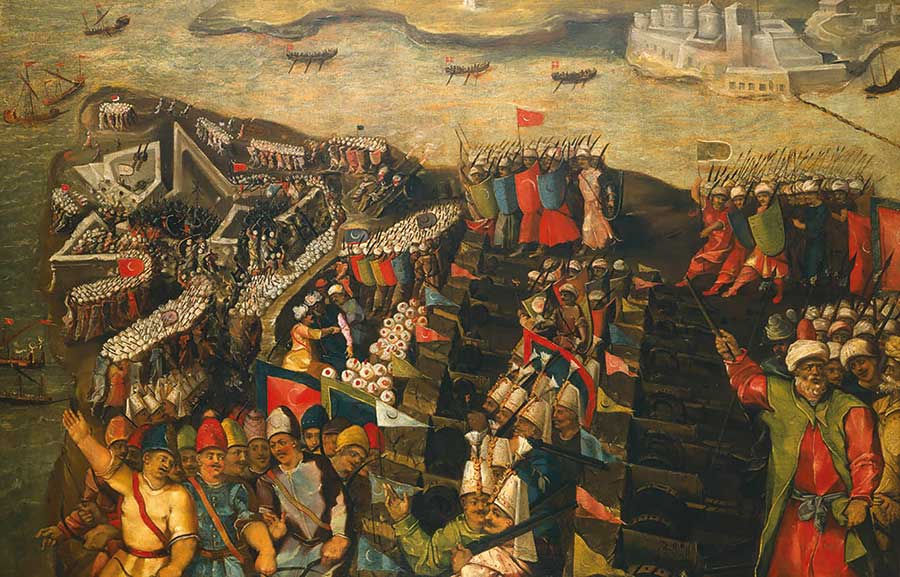 Matteo Perez d'Aleccio, (c. 16th Cent.) The Siege of Malta (1565) — The capture of St Elmo. Oil on canvas. National Maritime Museum, Greenwich, London, Caird Collection.